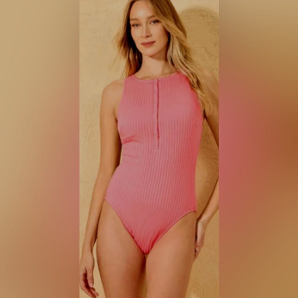 Shade & Shore Swimsuit One Piece Pink High Neck Razor Back Textured L 14-16